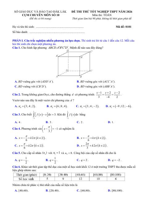 Đề thi thử TN THPT 2026 môn Toán lần 2 cụm chuyên môn số 10 – Đắk Lắk
